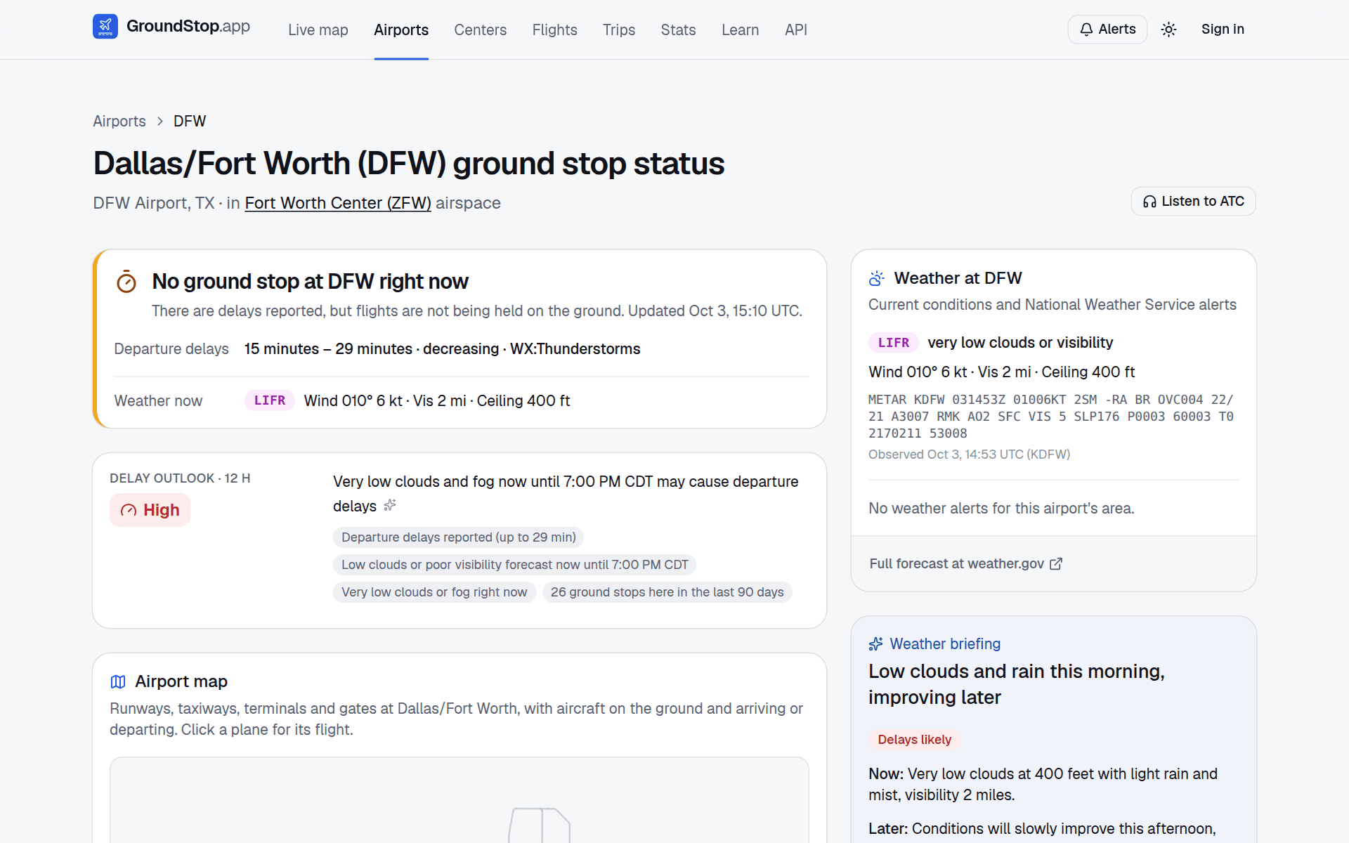GroundStop.app airport page for Dallas/Fort Worth with weather and ground stop history