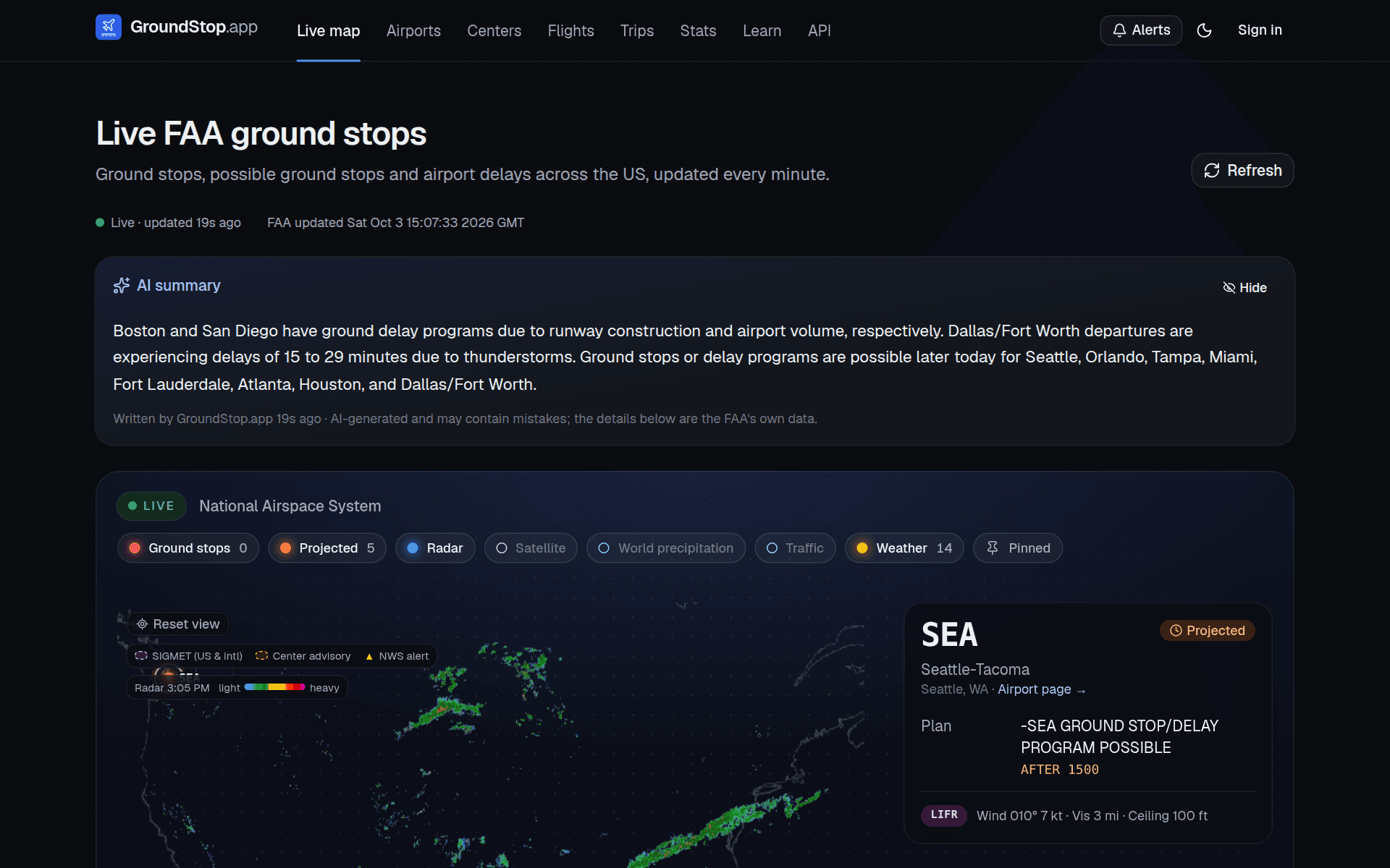 GroundStop.app live map of the United States with radar, projected ground stops and an AI summary