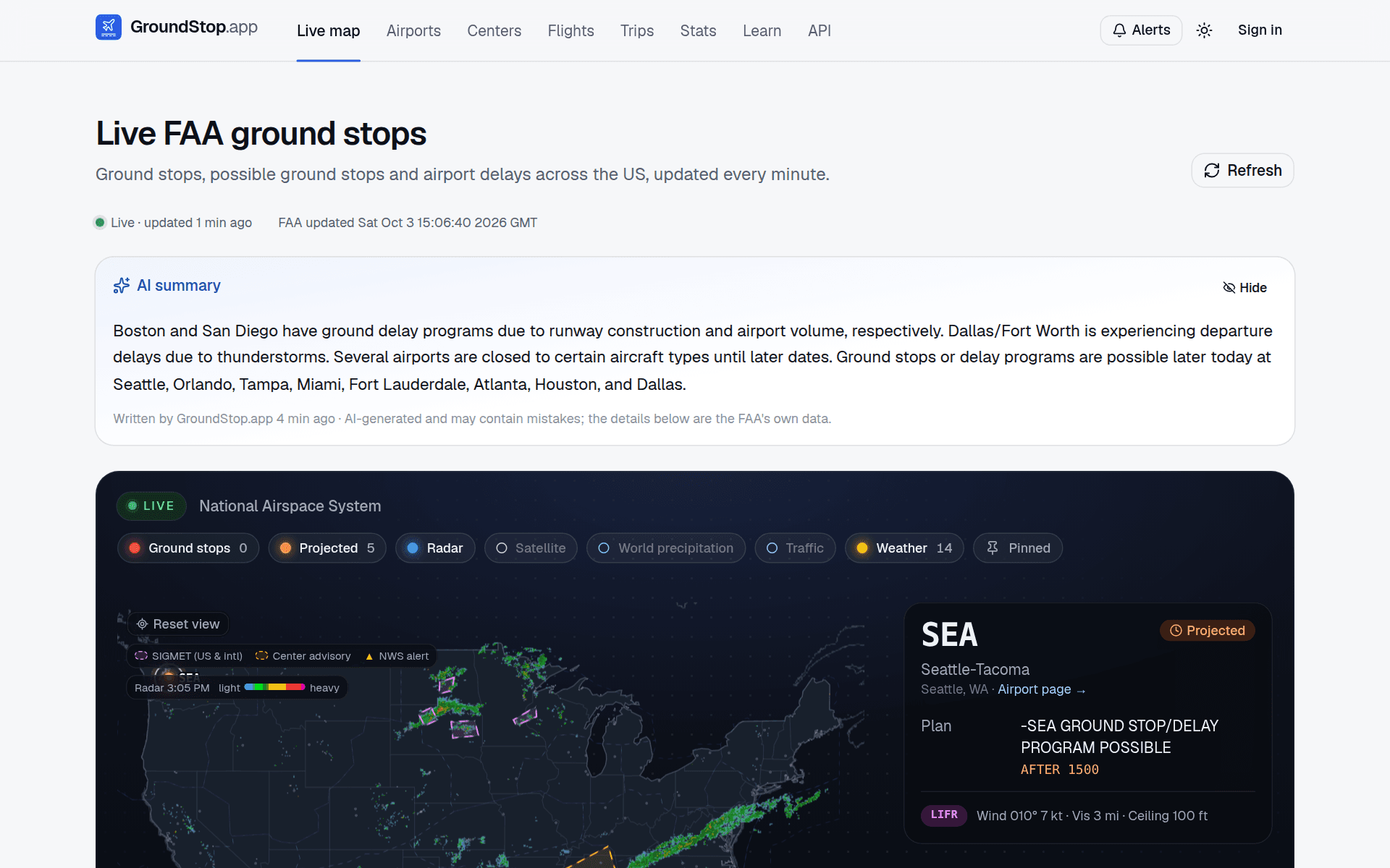GroundStop.app live map of the United States with radar, projected ground stops and an AI summary