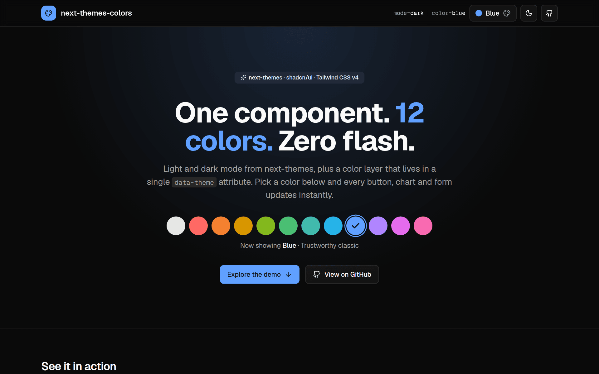 next-themes-colors demo page with a row of twelve color swatches